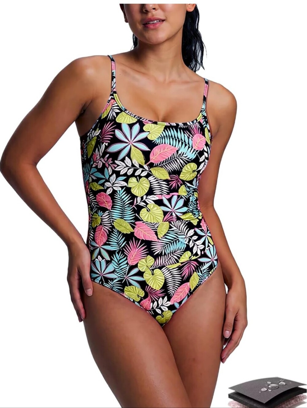 Tropical Floral One-Piece Period Swimsuit - Black with Pink, Yellow & Blue